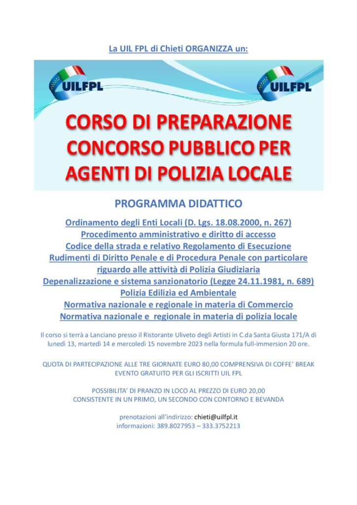 Concorso per agenti polizia locale: a Lanciano parte il corso di preparazione