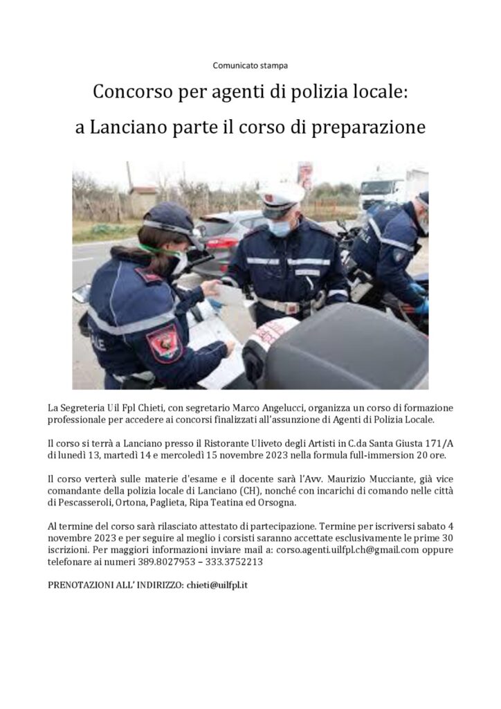 Concorso per agenti polizia locale: a Lanciano parte il corso di preparazione